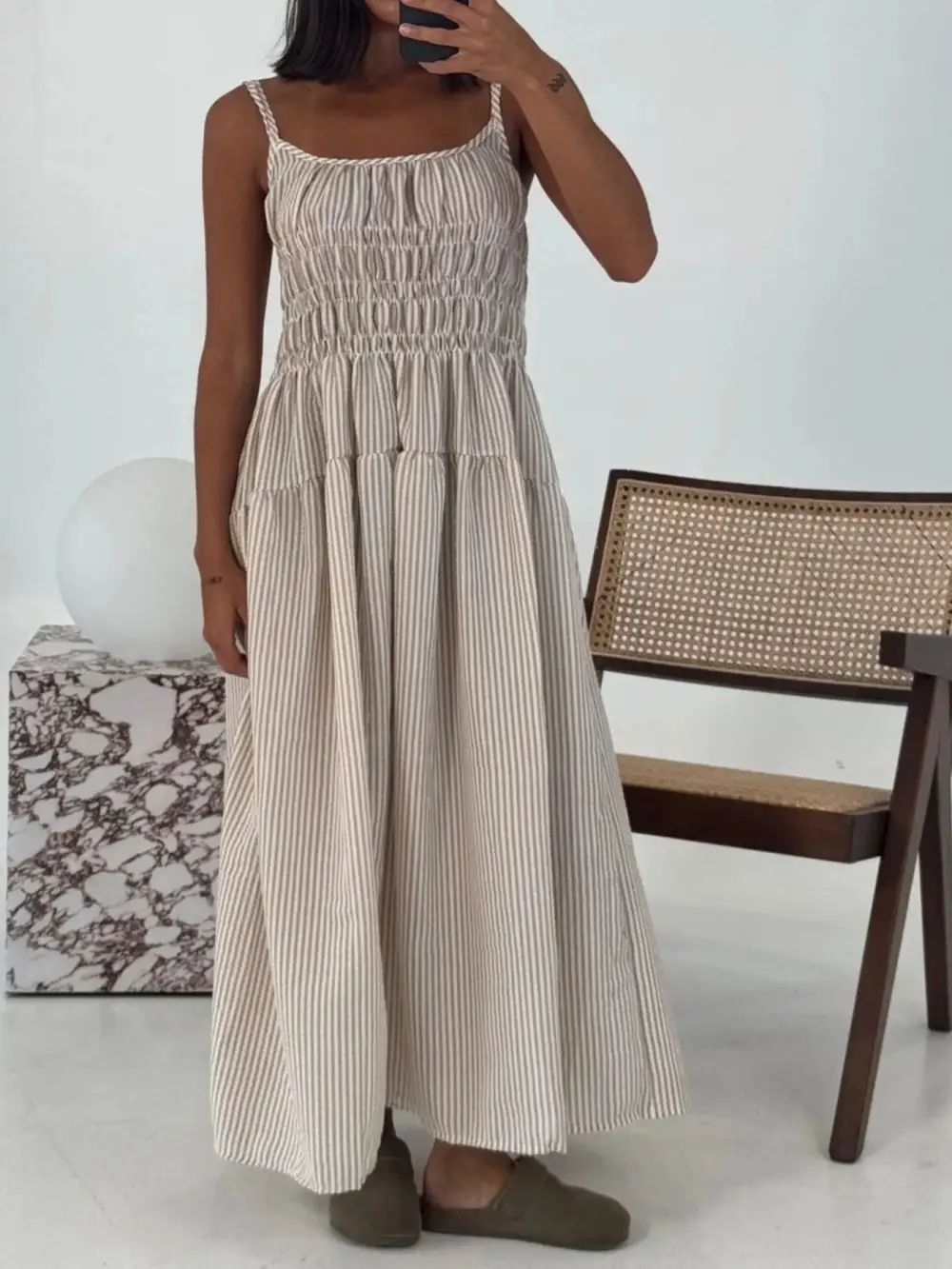 Striped Smocked Midi Dress
