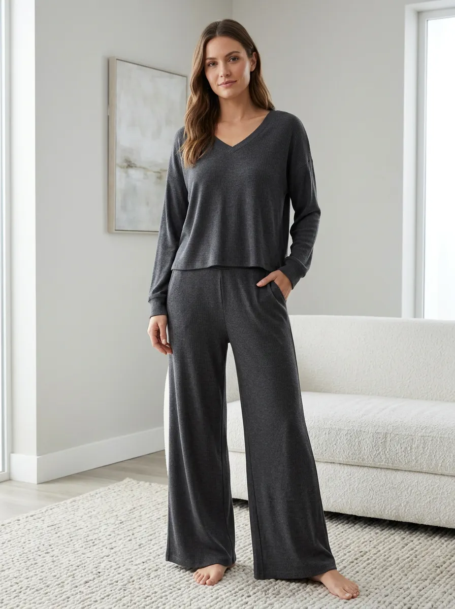 Women's Laid Back Homewear Waffle Knit Wide Leg Lounge Co-Ord