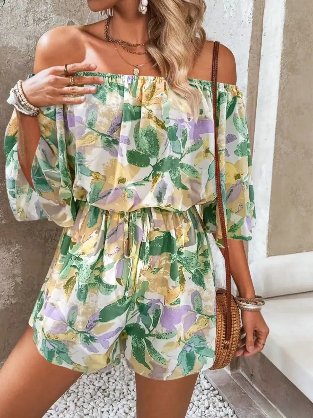 Women's Leaf Print Off-Shoulder Tie Jumpsuit