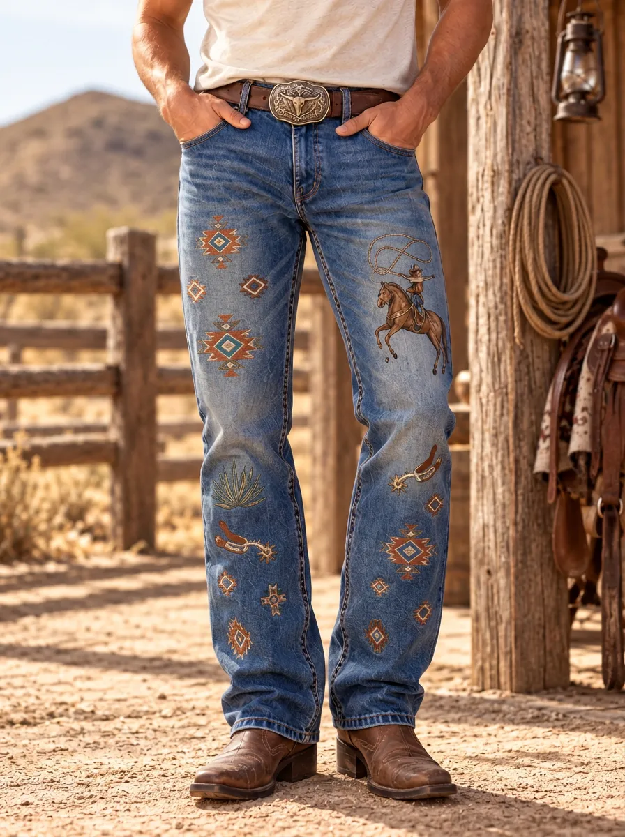 Men's Western Cowboy Rodeo Lasso Aztec Printed Jeans