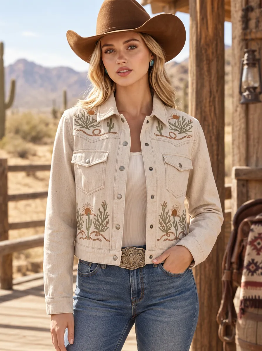Women's Western Cowgirl Cactus Desert Sun Embroidered Jacket