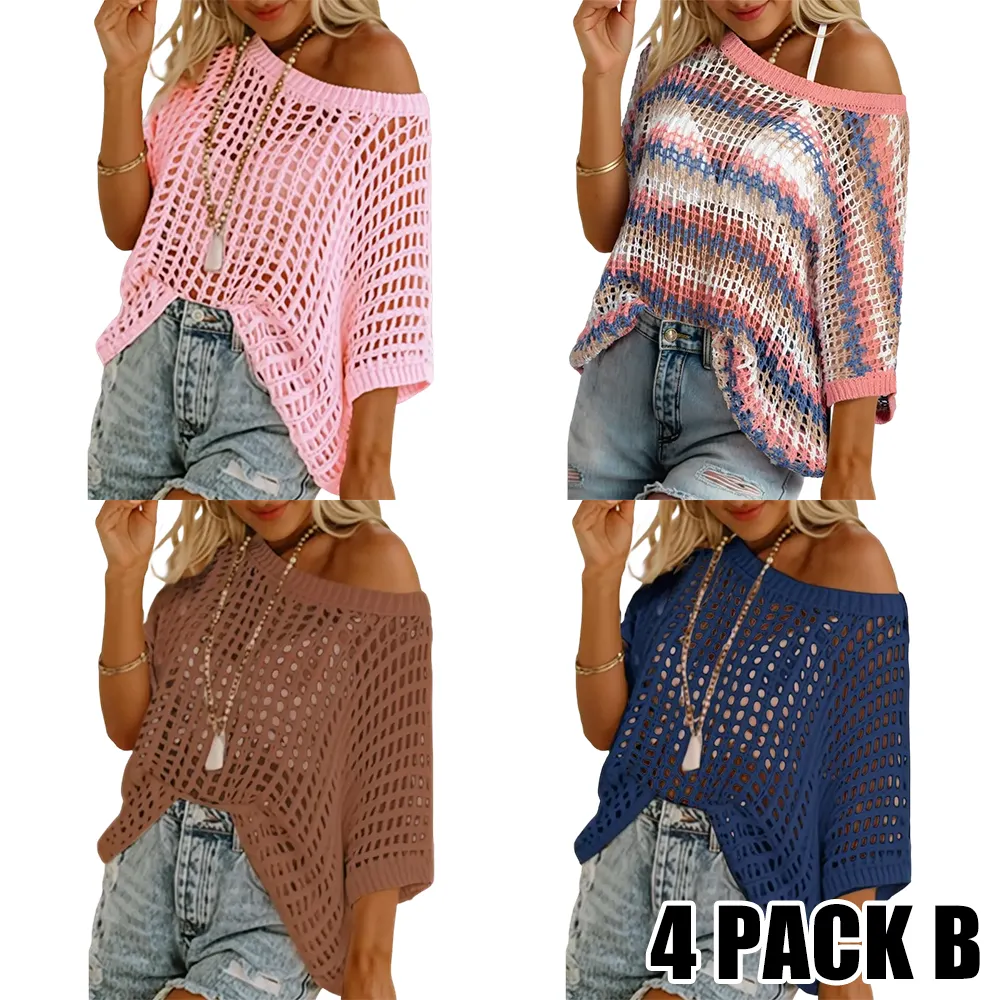 Women's Summer Scoop Neck Short Sleeve Sweater Casual Crochet Hollow Out Knit Tops Pullover Shirts Beach Coverup