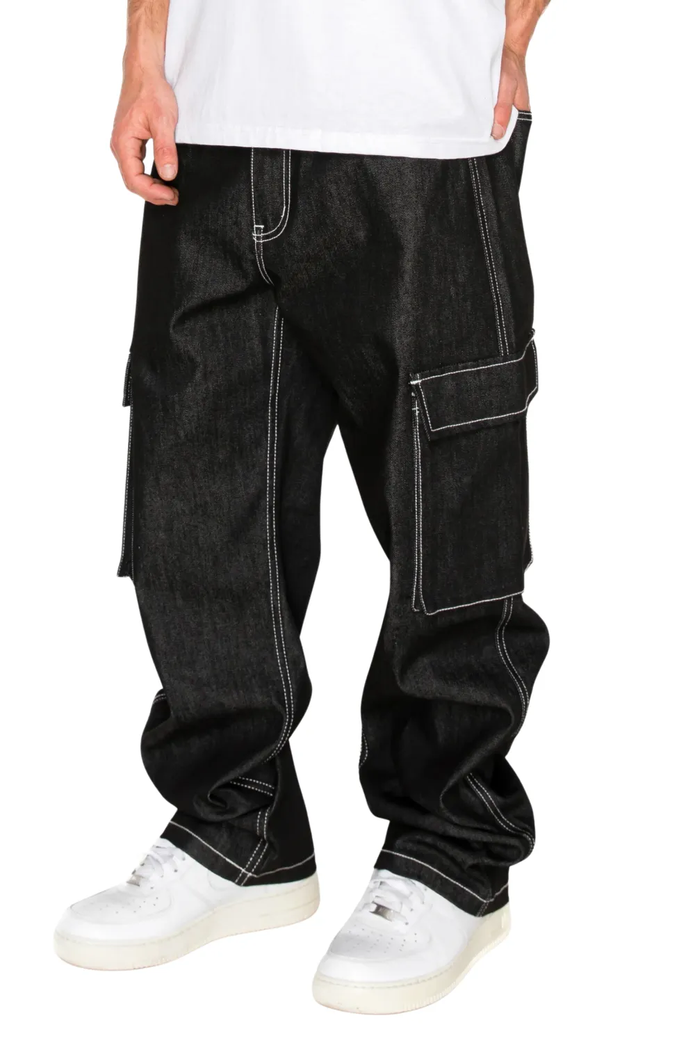 Men's Baggy Fit Raw Denim Cargo Jeans