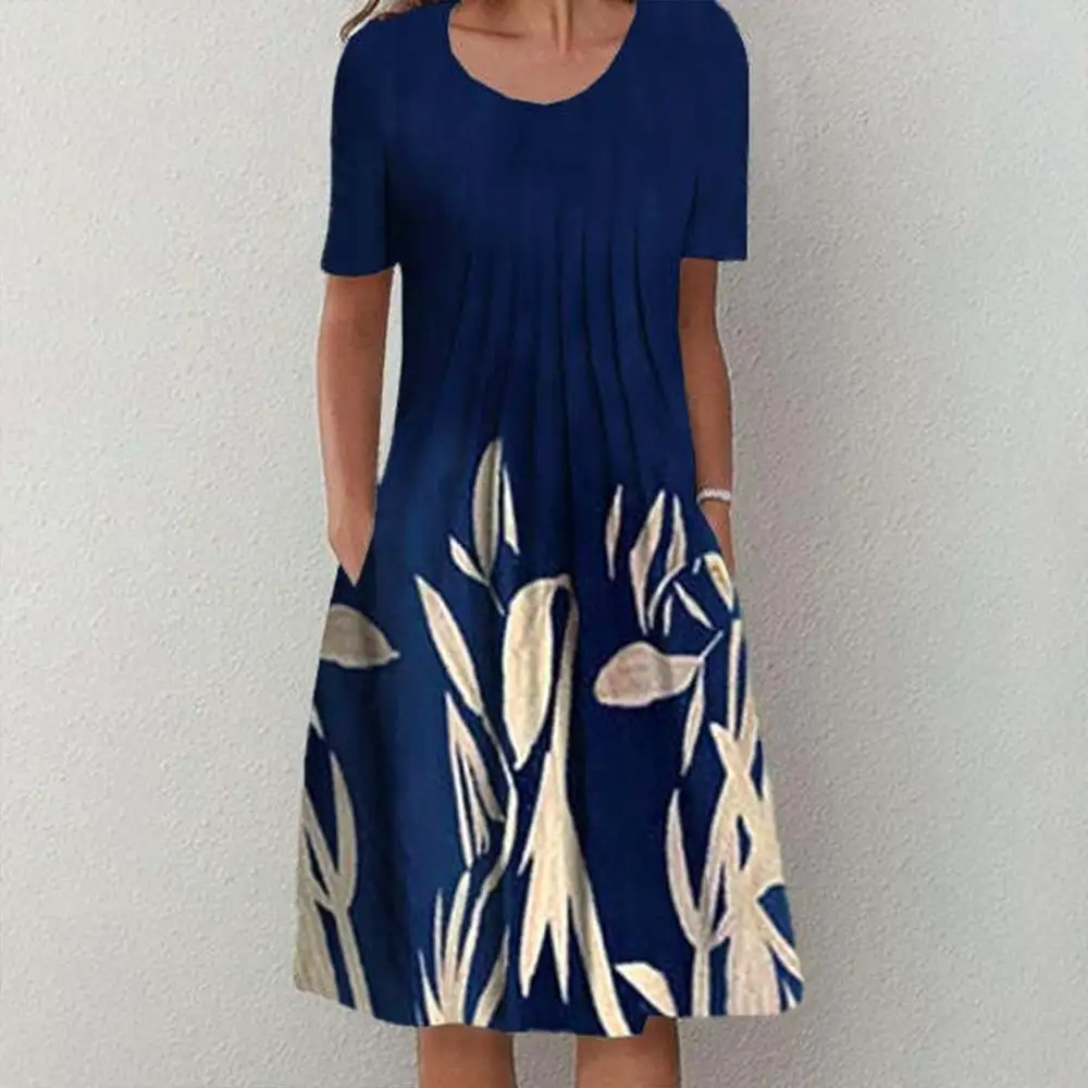 Stunning Short Sleeve Print Navy Midi Dress