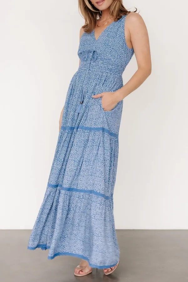 Casual Breathable Blue Floral V-Neck High-Waisted Dress