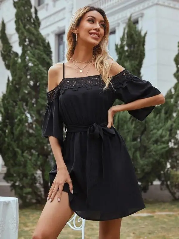 Women Solid Cold Shoulder Belted Dress