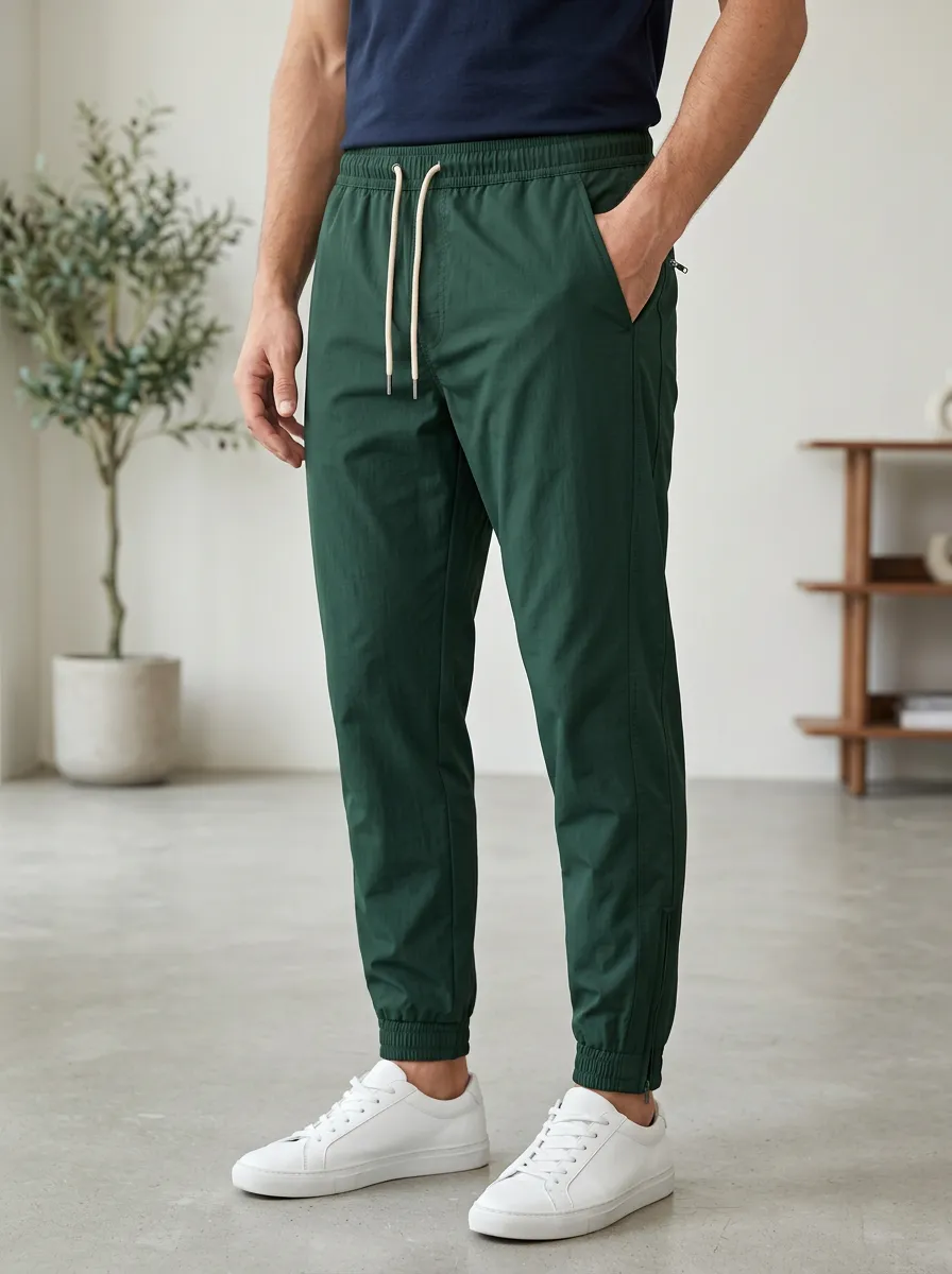 Men's Casual Dark Green Drawstring Cuffed Jogger Pants