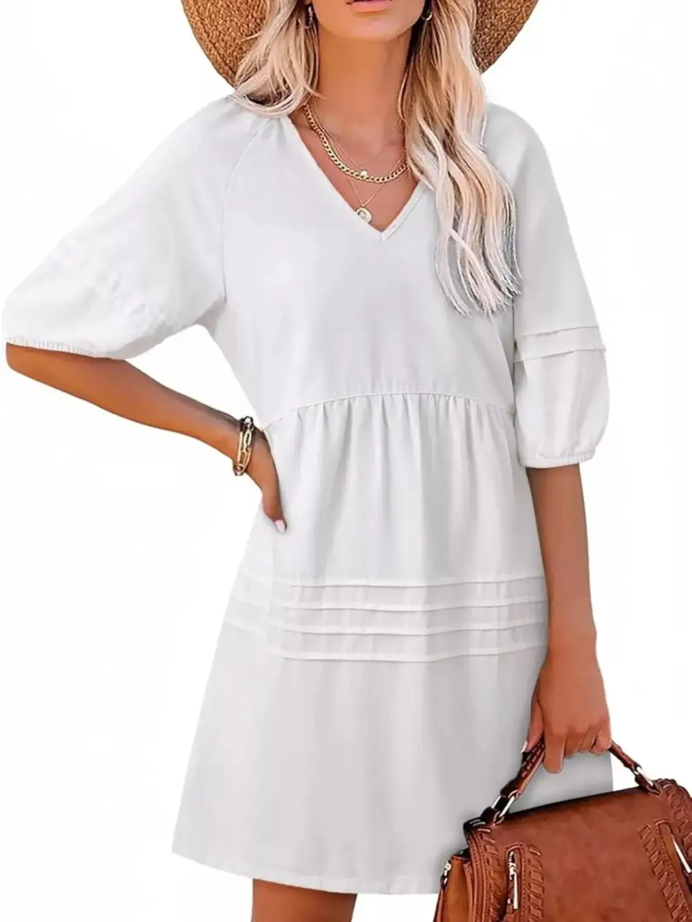 Denim V Neck Puff Sleeve Mini Dress