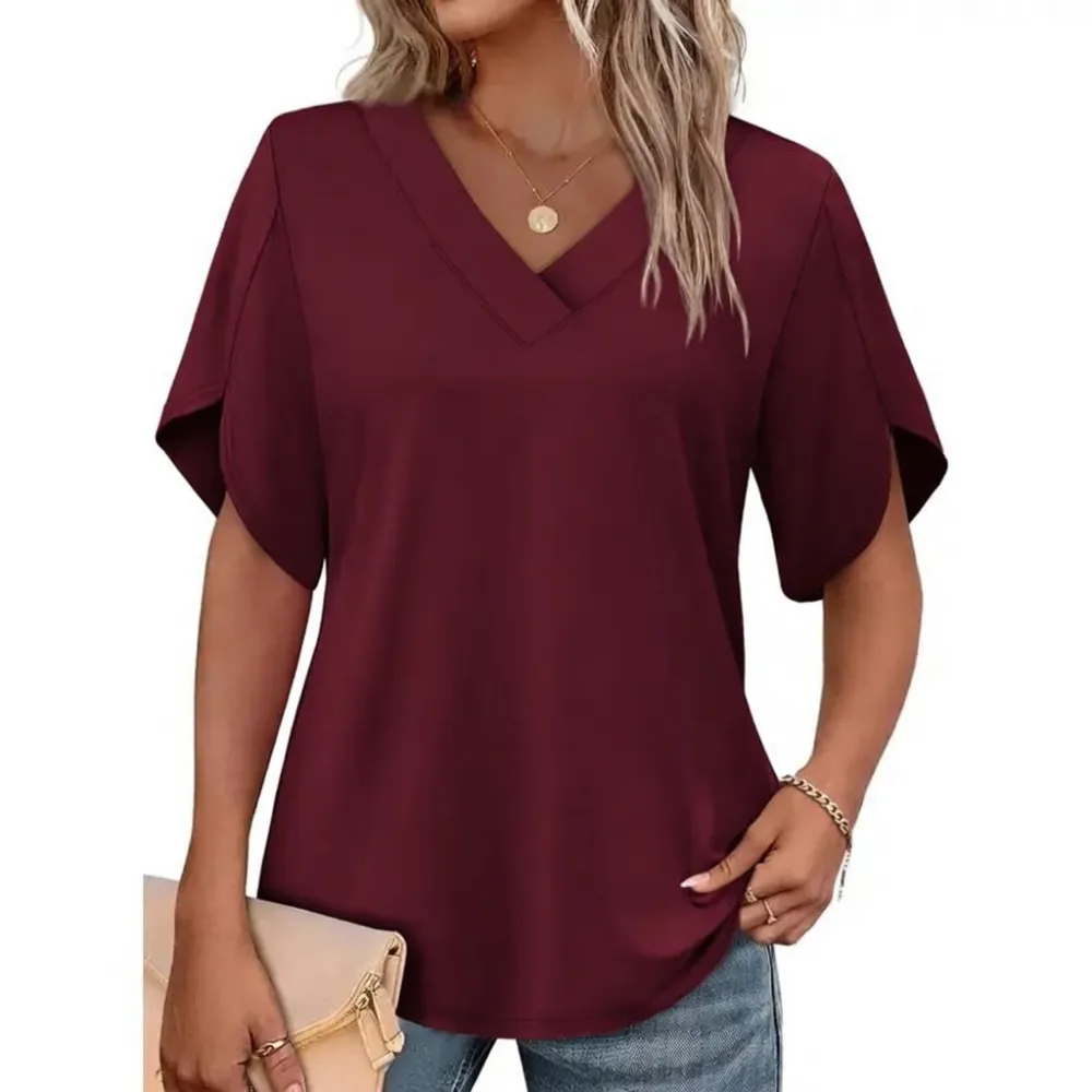 Women's Summer Short Petal Sleeve Blouse, V‑Neck Casual Top
