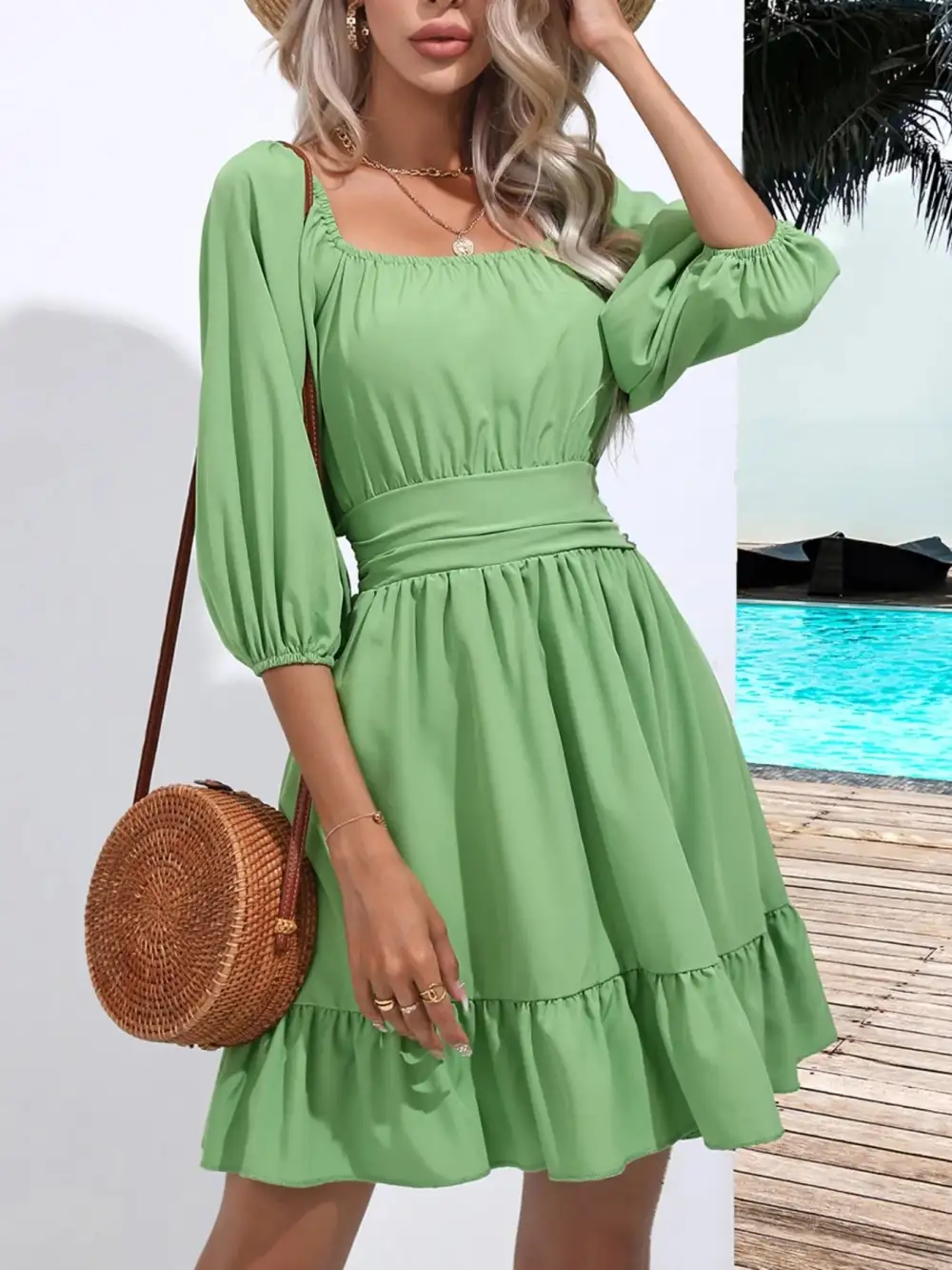 Smooth Finish Square Neck Ruffle Dress