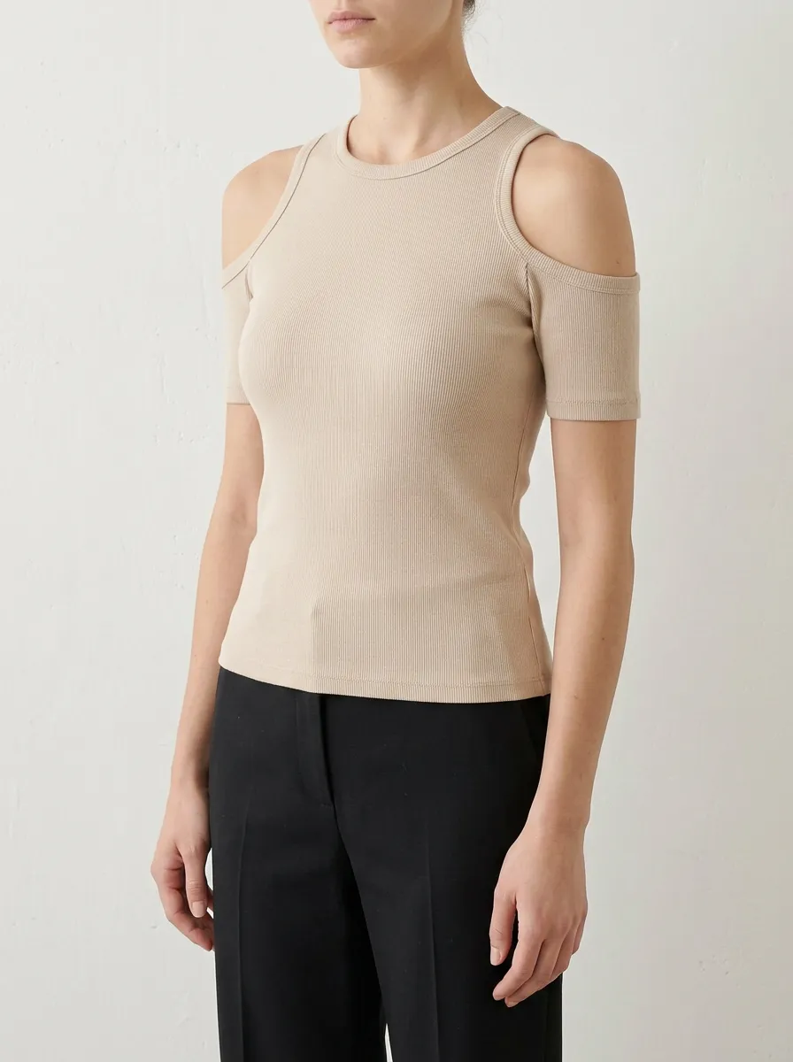 Women's Casual Beige Ribbed Cold Shoulder Printed Top