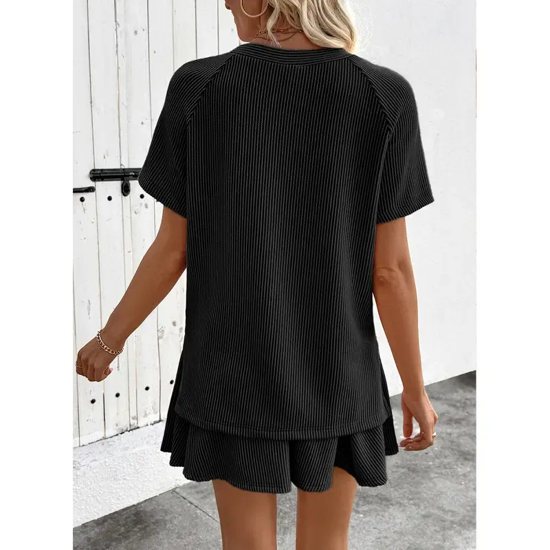 Women's Ribbed Knit Short Sleeve Top & Pleated Mini Skirt Set