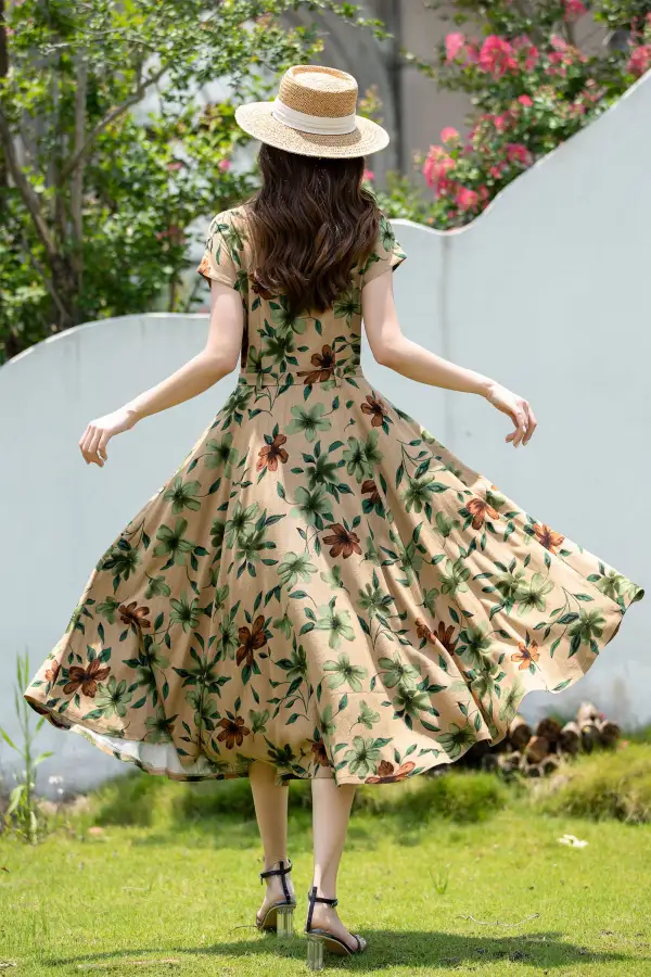 Floral Linen Cotton A Line Pleated Short Sleeve Midi Dress