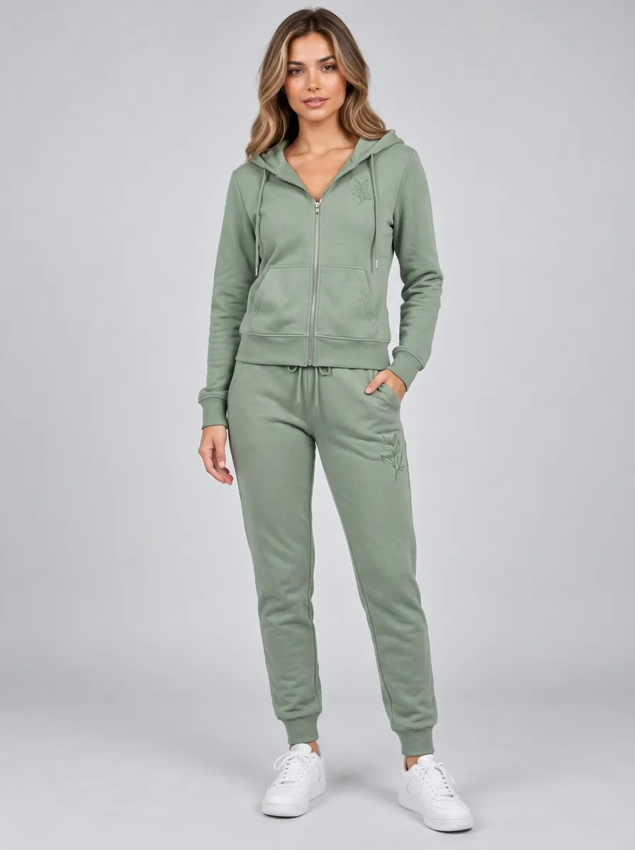Women's Sage Green Essential Zip-Up Hoodie Jacket & Jogger Set