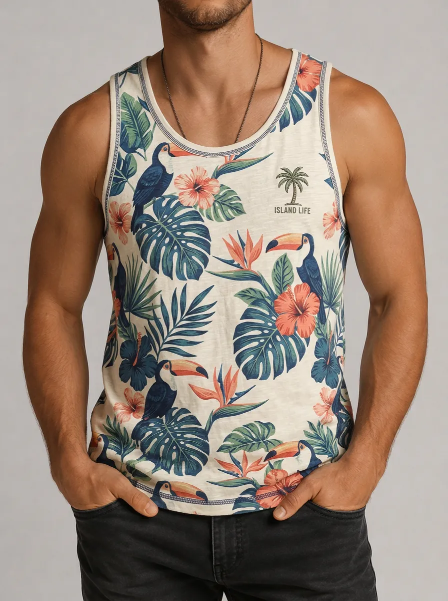 Men's Island Life Tropical Toucan Hibiscus Printed Tank Top