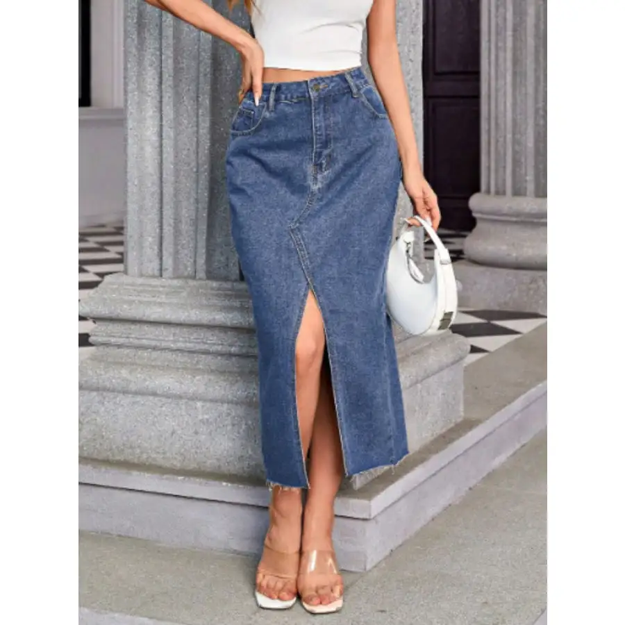 Relaxed Slit Midi Denim Skirt with Pockets