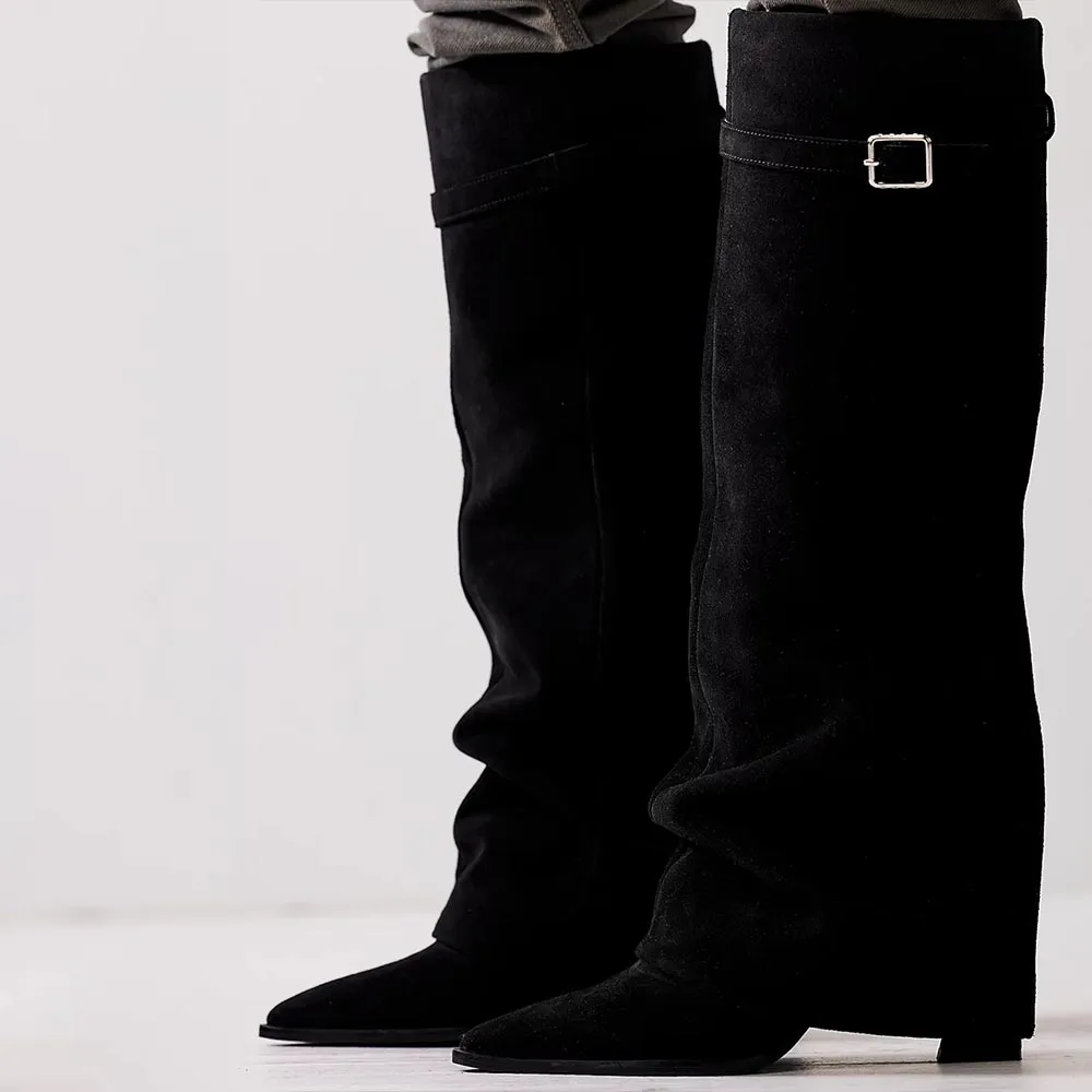 Faux-Suede Strappy Pointed-Toe Chunky-Heel Knee-High Boots