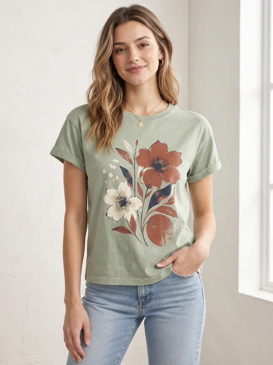 Women's Boho Floral Botanical Leisure Printed Tee