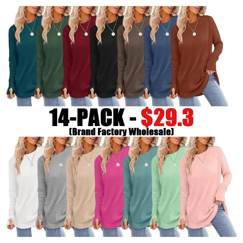 Womens Tunic Tops to Wear with Leggings Long Sleeve Thumb Hole Shirts Crew Neck Curved Hem
