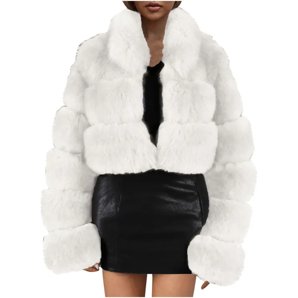 X1-White Faux Fur Coat Women with Hood Cropped Bubble Coats Fleece Short Warm Jackets Plus Size Winter Coats for Women