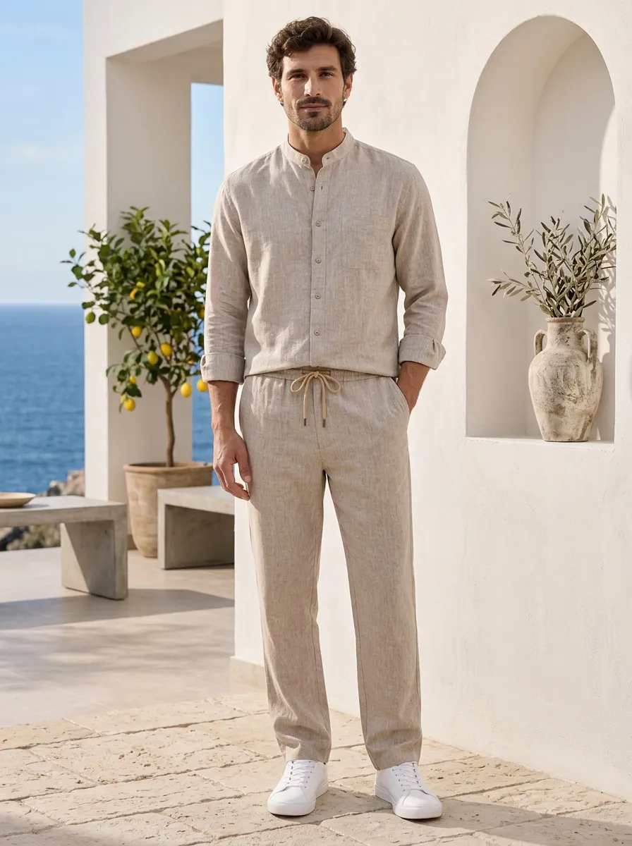 Active Linen Mandarin Collar Finish Men's Mandarin Collar Shirt And Drawstring Pants Set