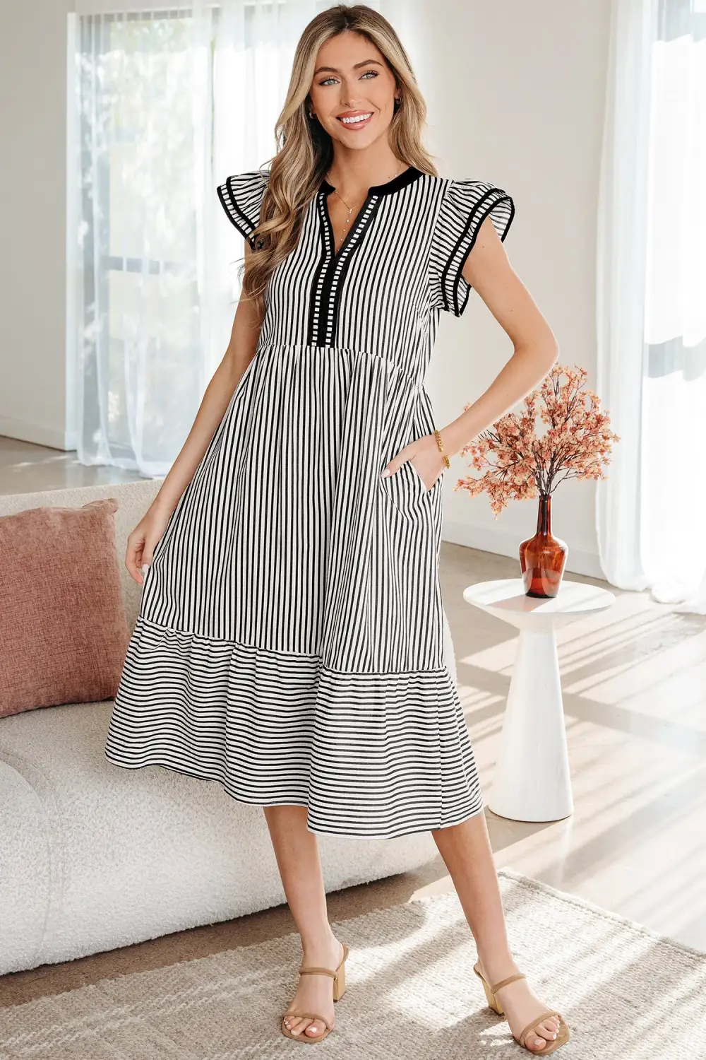 Comfort Fit Striped V Neck Ruffle Midi Dress