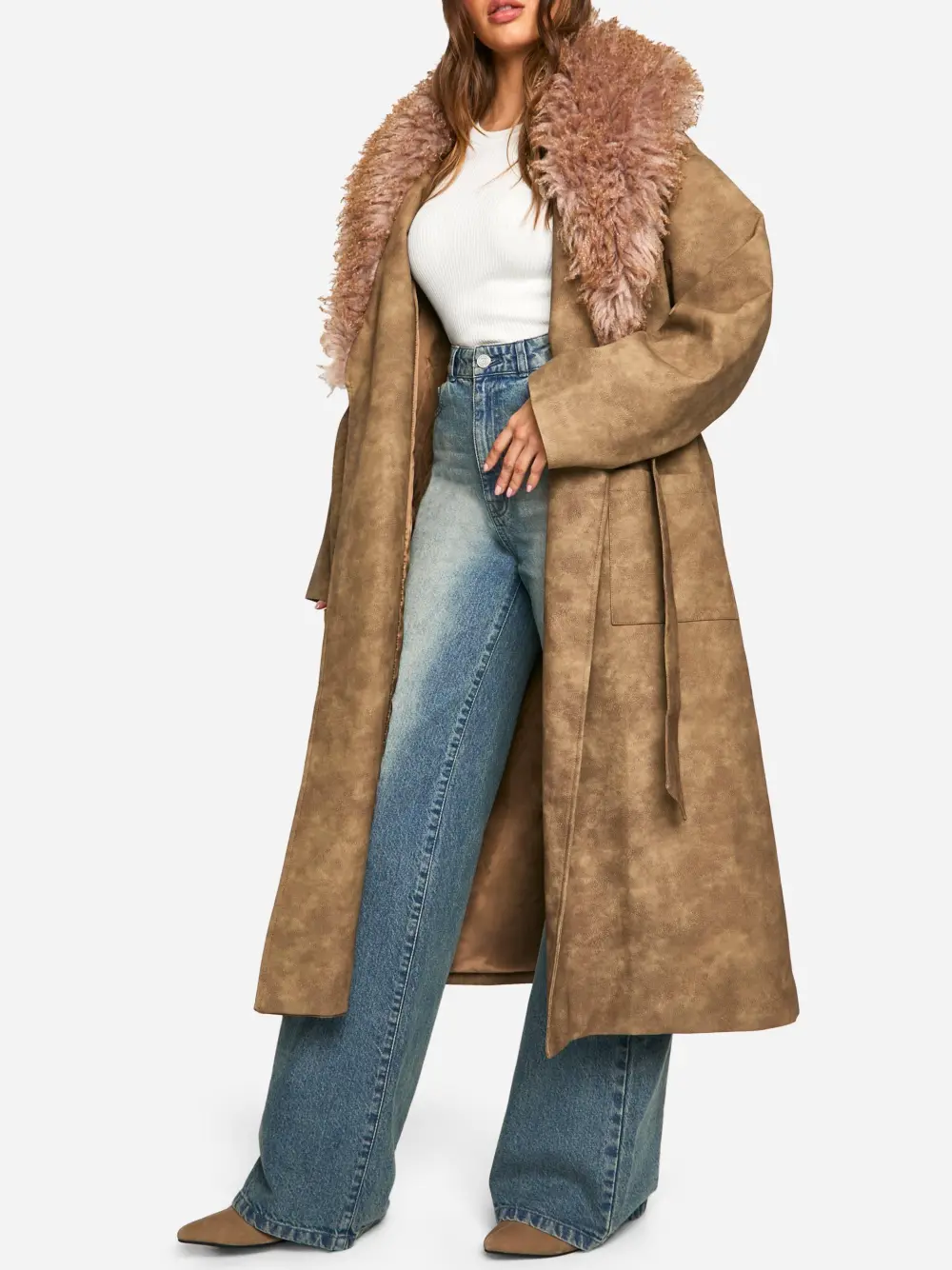 BROWN VINTAGE LOOK FAUX LEATHER TRENCH COAT