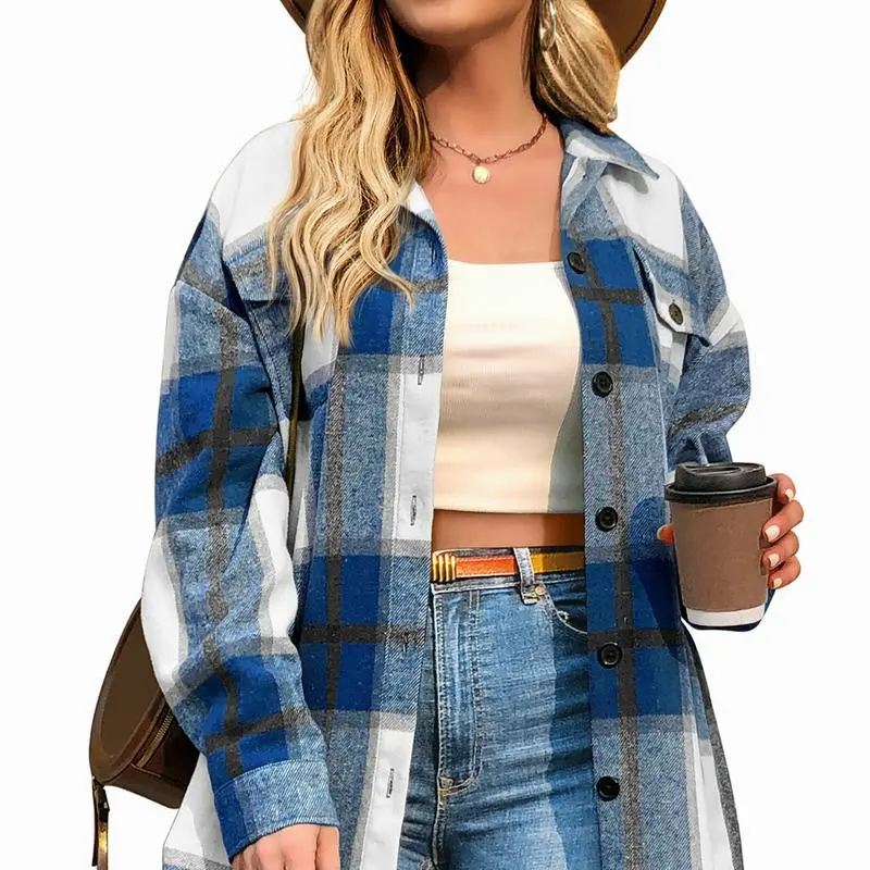 Women's Plus Size Shacket Jacket Flannel Plaid Long Sleeve Button Down Shirts Casual Fall Blouses Tops Winter Coats Winter Holiday