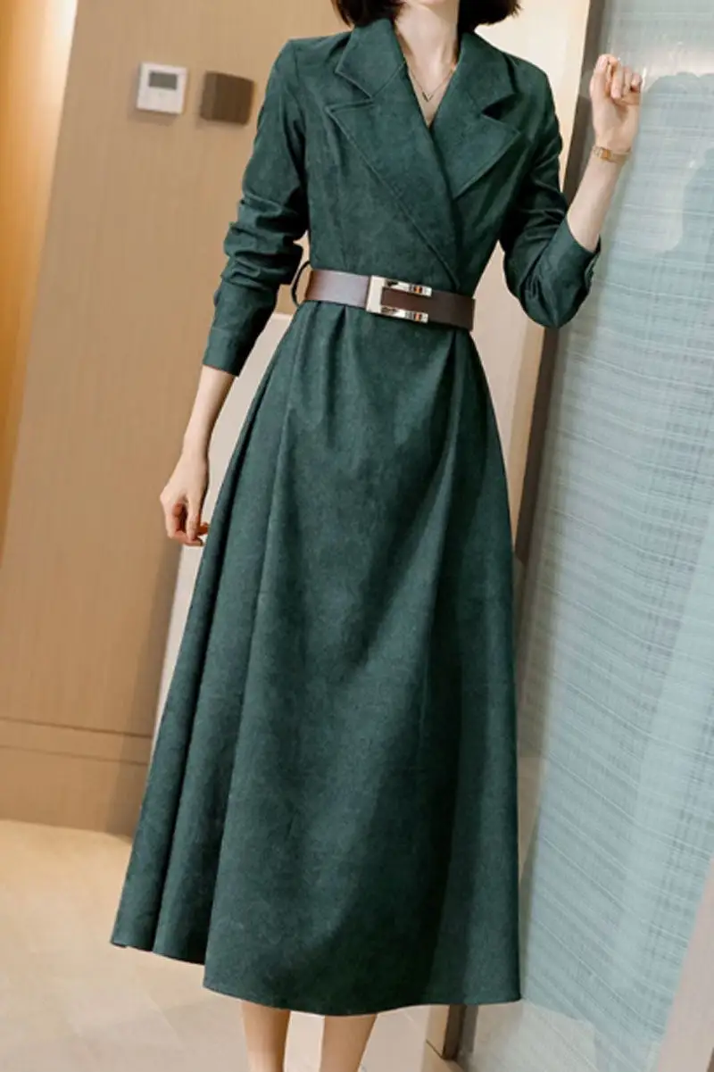 Wool Blend Lapel Collar Long Sleeve Midi Dress