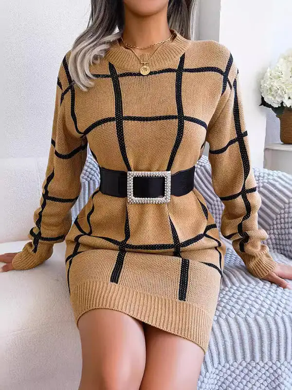 Elasticated Waist Long Sleeve Belted Contrast Color Plaid Round Neck Mini