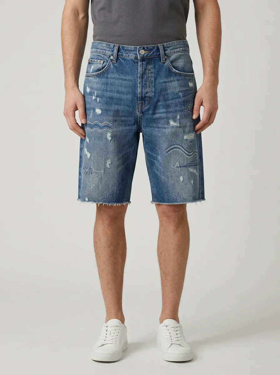 Men's Wave Geometric Distressed Distressed Denim Shorts