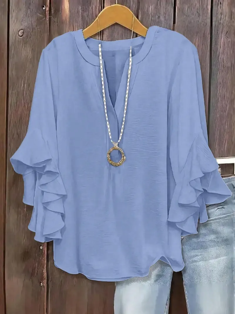 Plus-Size Women's Slim-Fit Shirt With Ruffled Sleeves And V-Neck