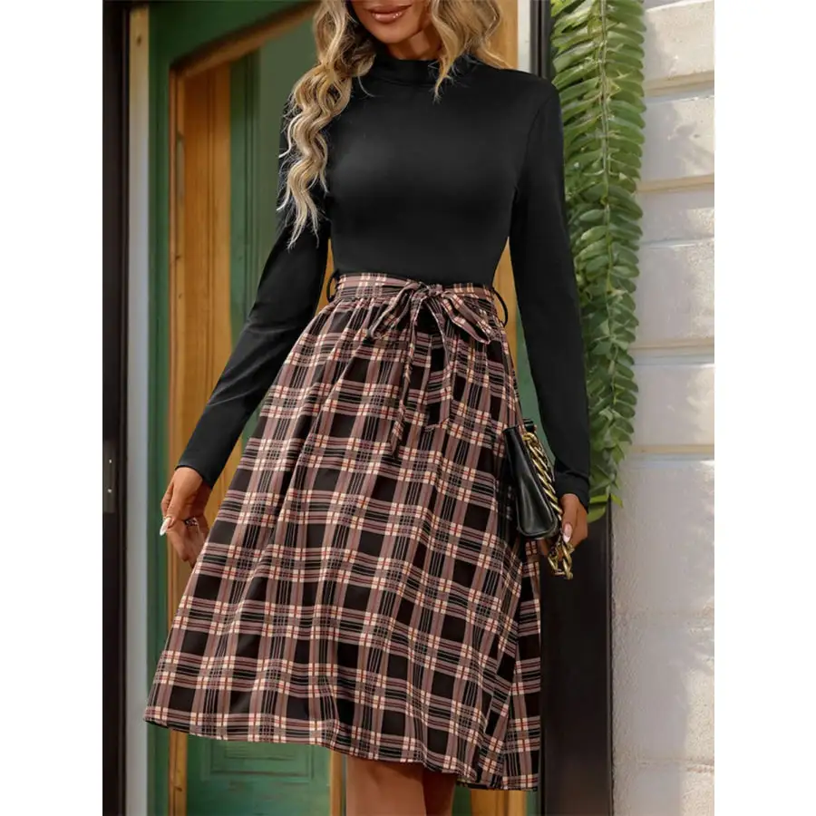 Plaid Mock Neck Long Sleeve Dress