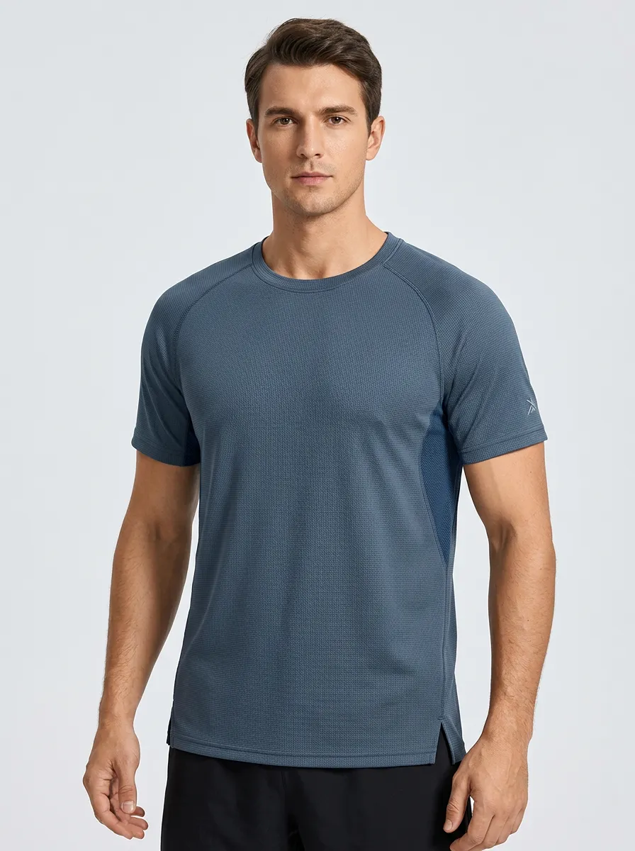 Men's Emblem Fitness Training Mesh Textured Raglan Performance Sport Crewneck T-Shirt