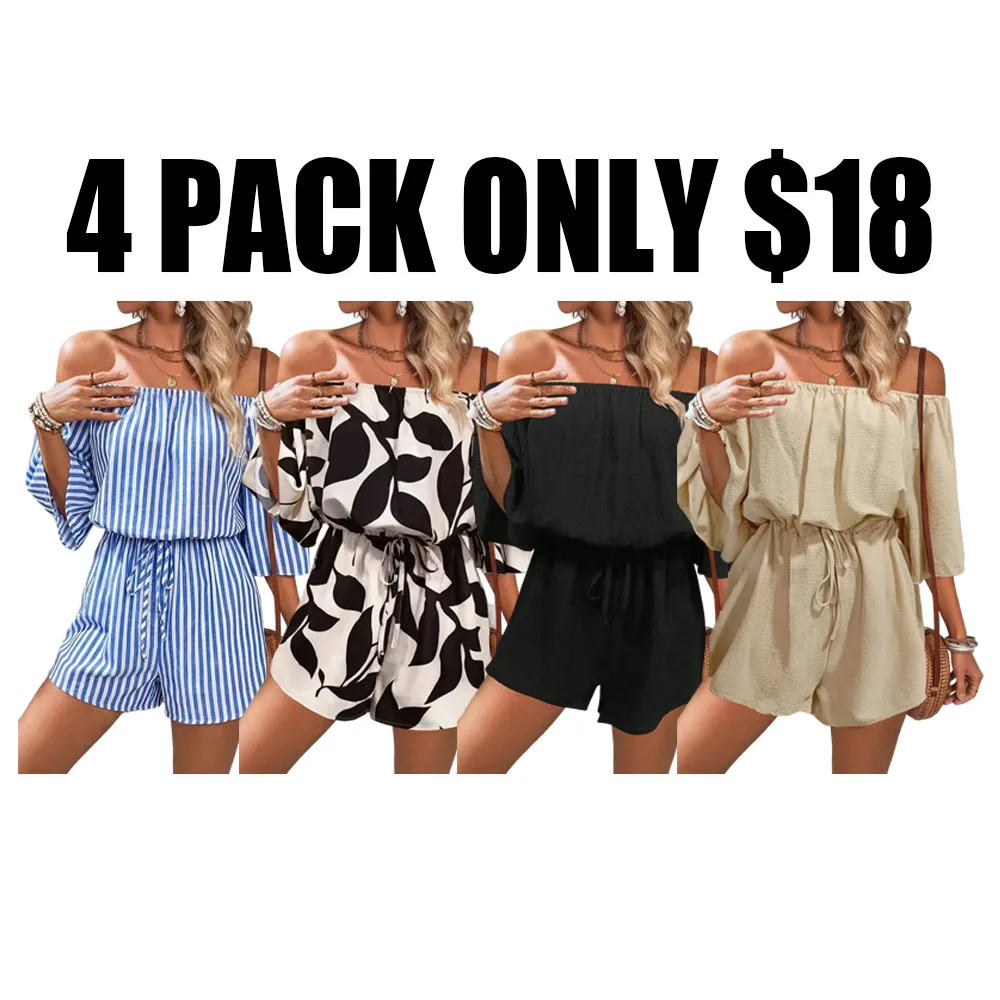 Women's Leaf Print Off-Shoulder Tie Jumpsuit