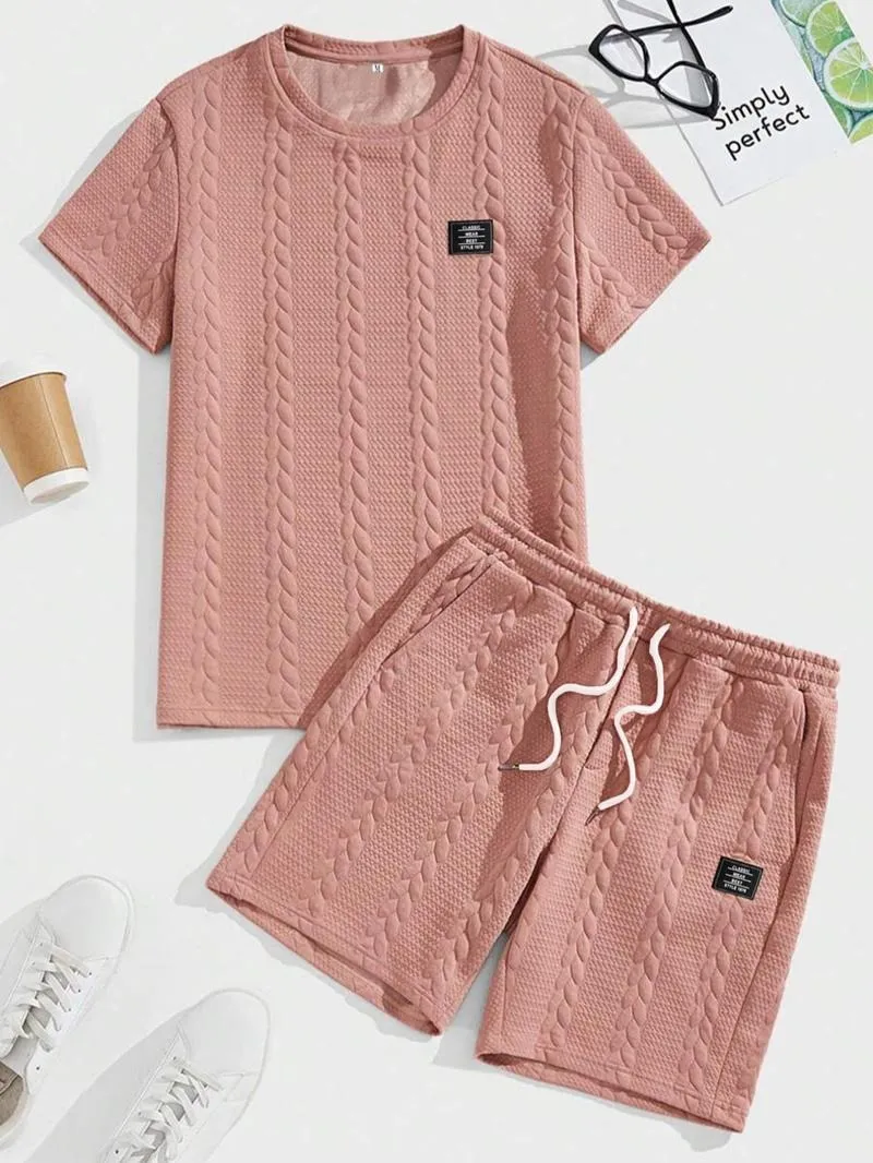 Men's Solid Textured Patched Tee & Drawstring Waist Shorts Set