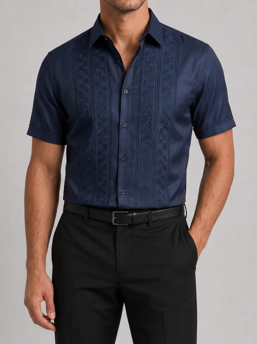 Men's Navy Blue Geometric Embroidery Printed Guayabera Shirt