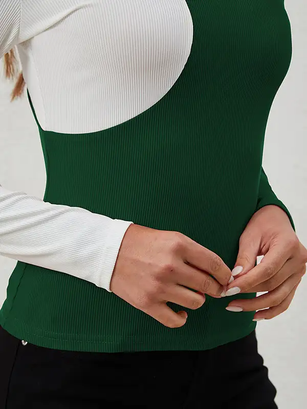 Long Sleeve Slim Fit Asymmetric Contrast Cutout Panel Detail Mock Neck T-Shirt