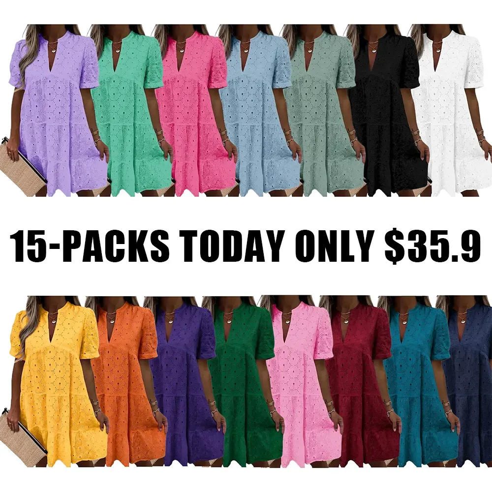 Flowy Lace Dresses Short Sleeve V Neck Tunic Dress