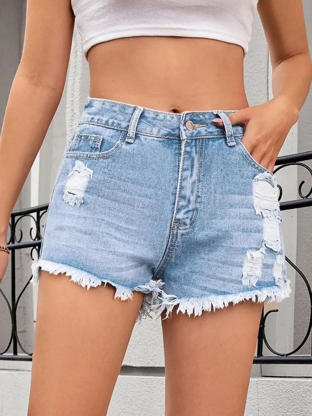 Tailored Distressed Raw Hem Denim Shorts