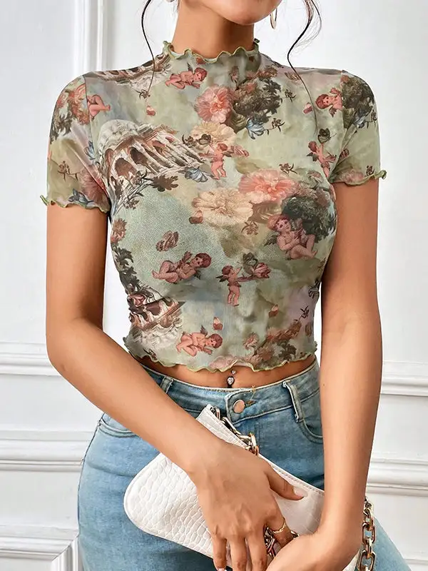Short Sleeve Slim Fit Figure Floral Print Ruffle Trim Sheer Mock Neck T-Shirt