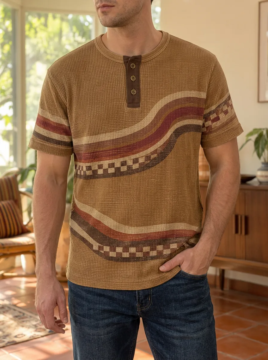 Men's Modern Retro Waffle Knit Geometric Stripe Henley T-Shirt