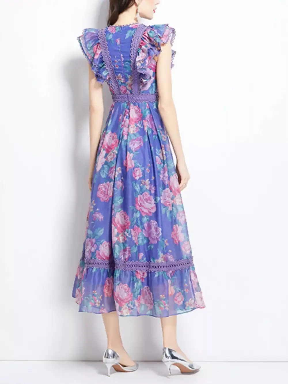Print Ruffle Sleeve Midi Dress