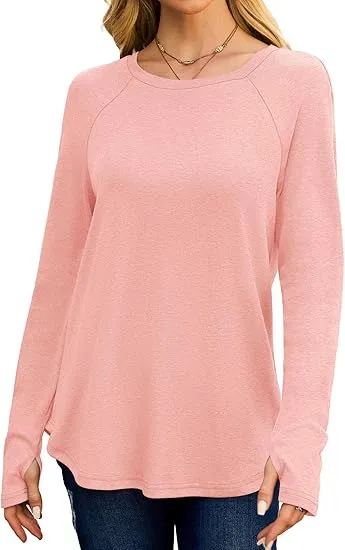 Womens Tunic Tops to Wear with Leggings Long Sleeve Thumb Hole Shirts Crew Neck Curved Hem