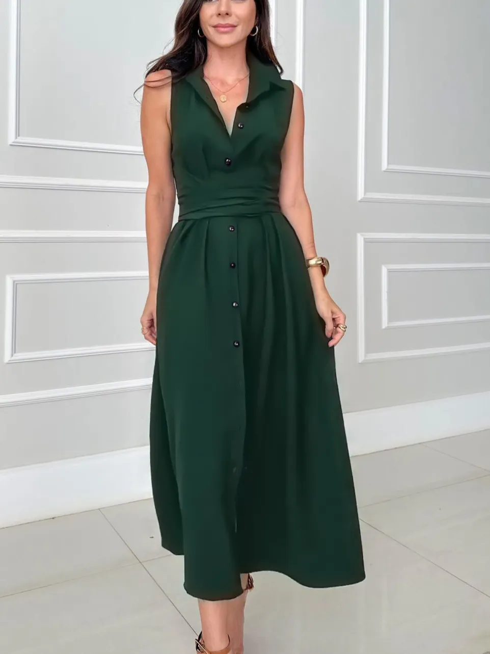 Shirt Style Single Breasted Tie Midi Dress