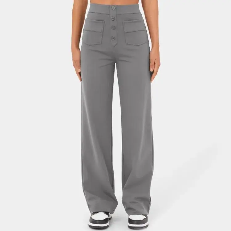 High Waisted Pockets Straight Leg Casual Pants