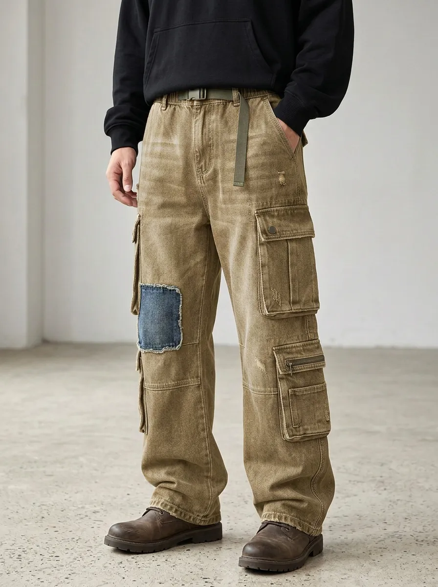 Men's Streetwear Distressed Patchwork Multi-Pocket Cargo Pants