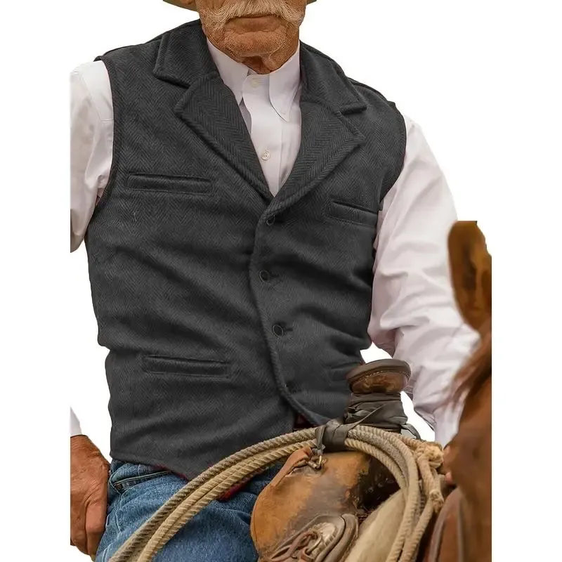 Men's Tweed Cowboy Vests Hunting Fishing Wool Herringbone