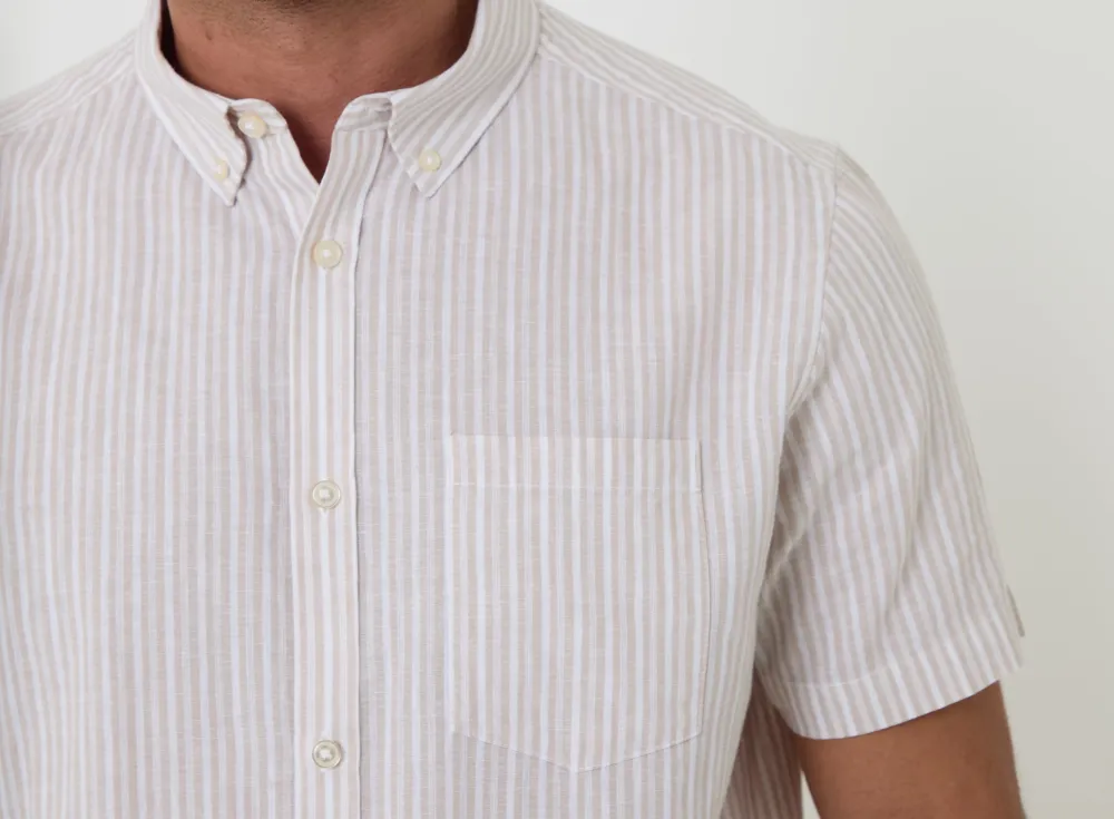 Men's Stone Stripe Linen Cotton Blend Short Sleeve Shirt