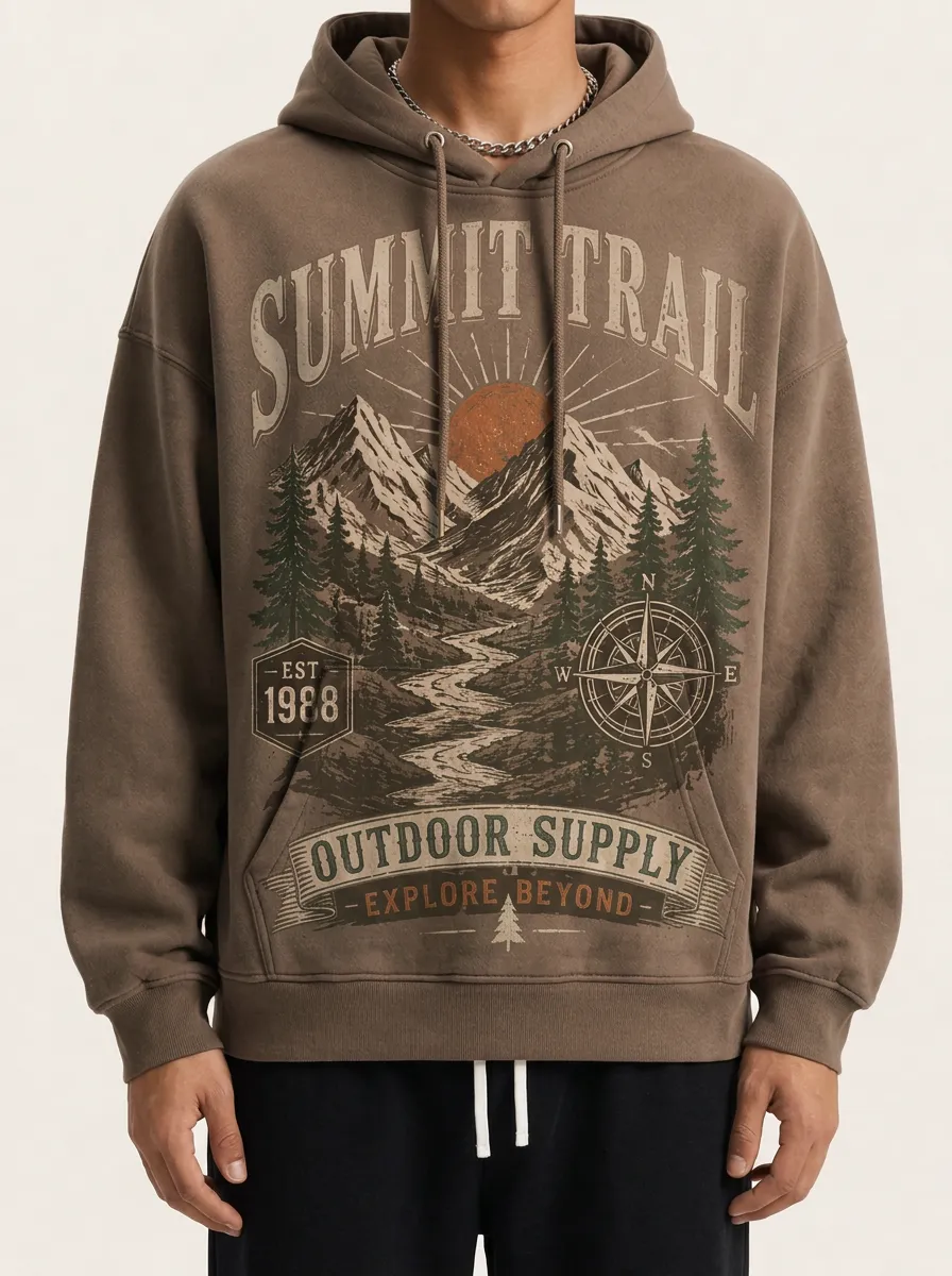 Men's Graphic Print Pullover Hoodie Featuring Ribbed Trim